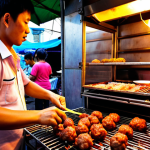 A bustling Bangkok street food stall selling *luk chin ping* (grilled meatballs), emphasizing the vendor's decision-making process regarding pricing, costs, and profit margins. Focus on vibrant colors and a dynamic, slightly chaotic atmosphere. The prompt: "A street food vendor in Bangkok expertly grilling *luk chin ping*, meticulously calculating prices and managing inventory to maximize profits in the vibrant chaos of the street."