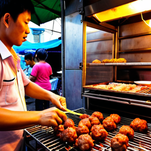 A bustling Bangkok street food stall selling *luk chin ping* (grilled meatballs), emphasizing the vendor's decision-making process regarding pricing, costs, and profit margins. Focus on vibrant colors and a dynamic, slightly chaotic atmosphere. The prompt: "A street food vendor in Bangkok expertly grilling *luk chin ping*, meticulously calculating prices and managing inventory to maximize profits in the vibrant chaos of the street."