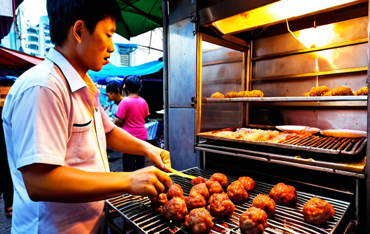 A bustling Bangkok street food stall selling *luk chin ping* (grilled meatballs), emphasizing the vendor's decision-making process regarding pricing, costs, and profit margins. Focus on vibrant colors and a dynamic, slightly chaotic atmosphere. The prompt: "A street food vendor in Bangkok expertly grilling *luk chin ping*, meticulously calculating prices and managing inventory to maximize profits in the vibrant chaos of the street."