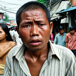 ** Economical motive criminal with despair expression looking for jobs in Bangkok. Crowded street scene, poverty, lack of opportunity visible, Thailand local market.

2.  **