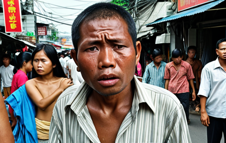 ** Economical motive criminal with despair expression looking for jobs in Bangkok. Crowded street scene, poverty, lack of opportunity visible, Thailand local market.

2.  **