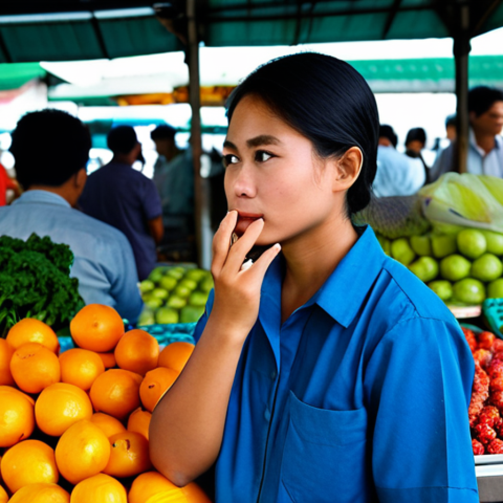 A thoughtful individual, fully clothed in modest professional smart casual attire, observes a bustling outdoor Thai fresh market. The subject stands slightly apart, a subtle, analytical expression on their face as they watch a vendor and a customer interact over fruit, hinting at unseen dynamics and hidden motivations. The market is vibrant with colorful produce and local activity. The scene emphasizes observational insight into human behavior. Perfect anatomy, correct proportions, natural pose, well-formed hands, proper finger count, natural body proportions. Professional photography, high quality, appropriate content, family-friendly, safe for work.