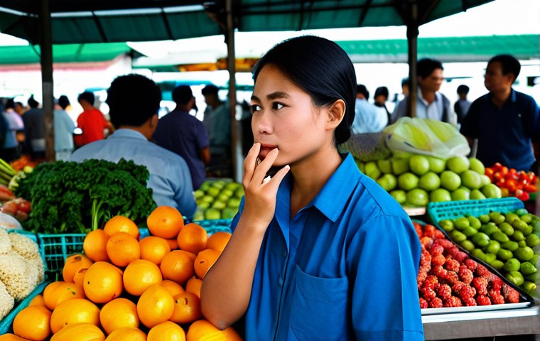 A thoughtful individual, fully clothed in modest professional smart casual attire, observes a bustling outdoor Thai fresh market. The subject stands slightly apart, a subtle, analytical expression on their face as they watch a vendor and a customer interact over fruit, hinting at unseen dynamics and hidden motivations. The market is vibrant with colorful produce and local activity. The scene emphasizes observational insight into human behavior. Perfect anatomy, correct proportions, natural pose, well-formed hands, proper finger count, natural body proportions. Professional photography, high quality, appropriate content, family-friendly, safe for work.