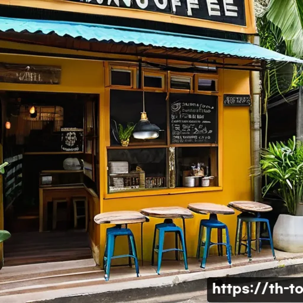 괴짜 경제학의 구체적인 사례를 통한 성공 전략 - A cozy small local coffee shop in Bangkok, decorated with recycled materials such as reclaimed wood ...