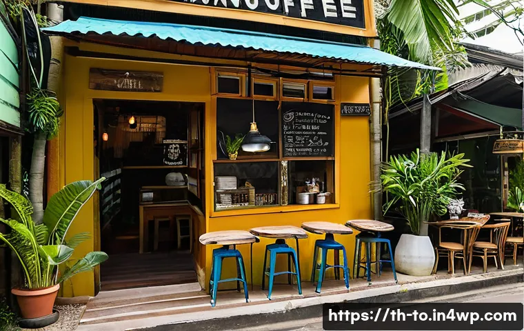 괴짜 경제학의 구체적인 사례를 통한 성공 전략 - A cozy small local coffee shop in Bangkok, decorated with recycled materials such as reclaimed wood ...