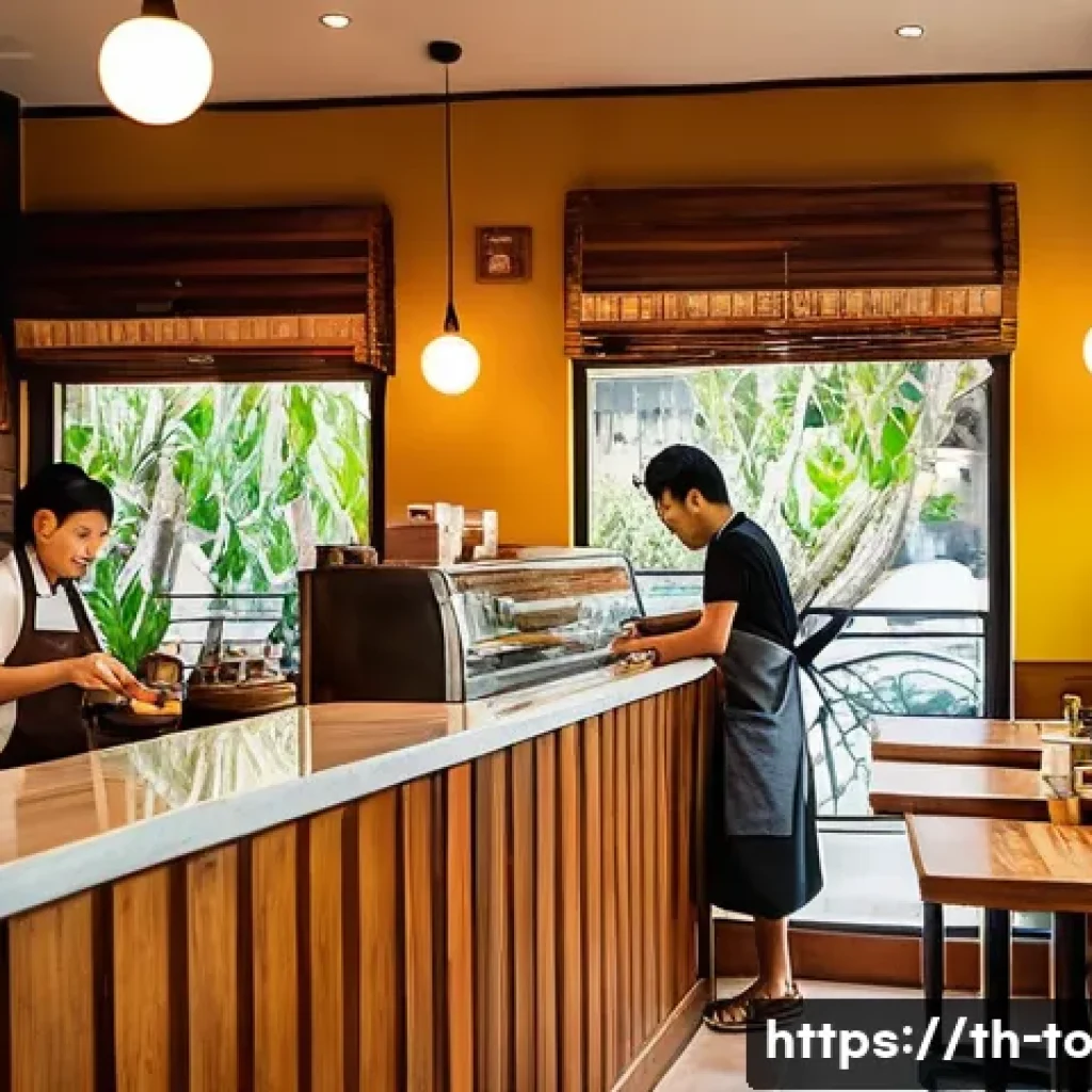 괴짜 경제학의 소비자 행동과 시장 분석 - A cozy and inviting Thai coffee shop interior during the late afternoon, filled with warm natural li...