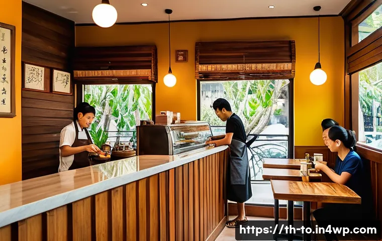 괴짜 경제학의 소비자 행동과 시장 분석 - A cozy and inviting Thai coffee shop interior during the late afternoon, filled with warm natural li...