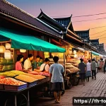 Home 20 괴짜 경제학의 혁신적 접근법 - A detailed digital illustration of a bustling Thai street market at dusk, showcasing diverse consume...