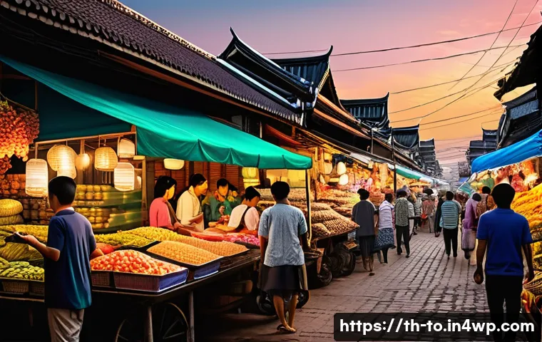 괴짜 경제학의 혁신적 접근법 - A detailed digital illustration of a bustling Thai street market at dusk, showcasing diverse consume...