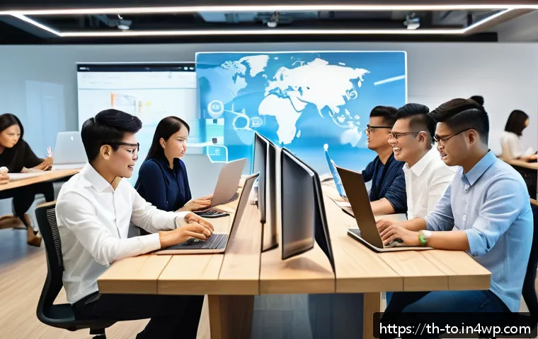 괴짜 경제학의 비판적 관점 - A modern digital workspace scene featuring a diverse group of Southeast Asian professionals in smart...