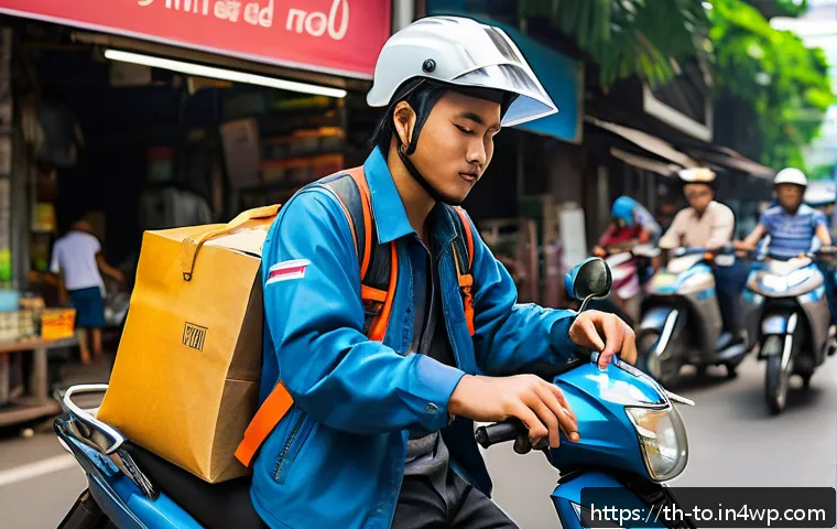 괴짜 경제학의 혁신적 아이디어 발굴 방법 - A vibrant urban scene depicting a Thai gig economy worker using a smartphone app to accept a deliver...