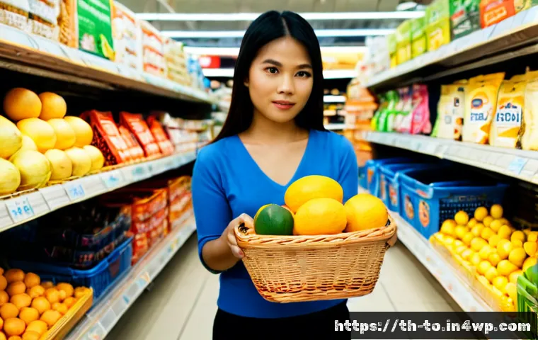 괴짜 경제학이 제시하는 소비자 행동 분석 - Photorealistic behavioral economics scene in a modern Bangkok supermarket, Thai woman thoughtfully c...